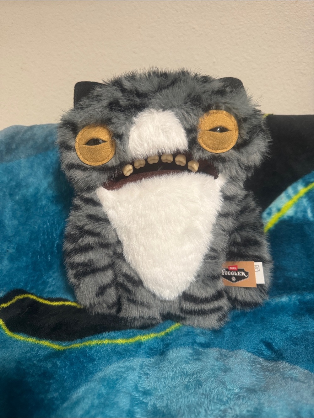 Fuggler Grey Stripe Cat Plush Toy with White Belly and Yellow Eyes